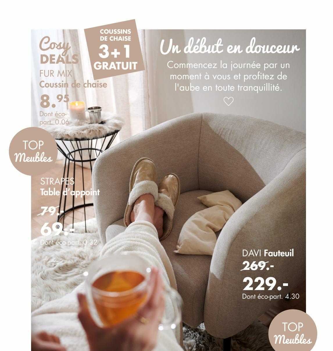 table d'appoint strapes, coussin de chaise fur mix, fauteuil davi