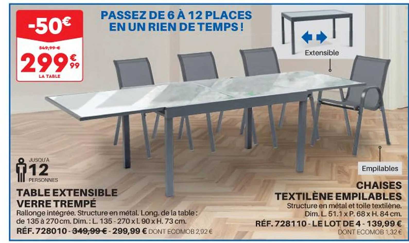 table extensible verre trempé, chaises textilène empilables