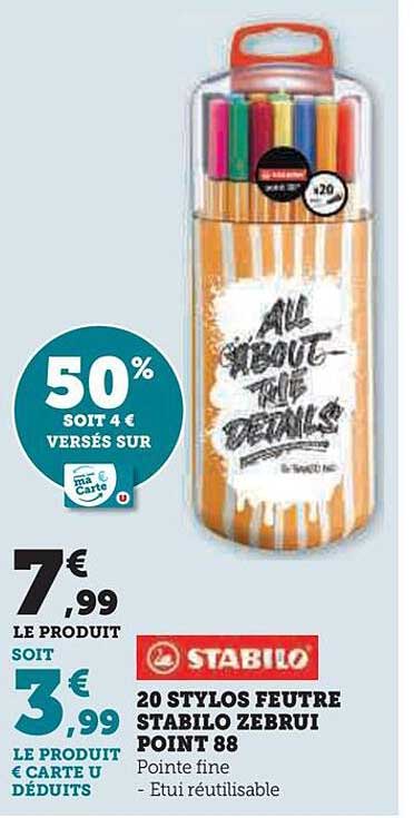 20 stylos feutre stabilo zebrui point 88