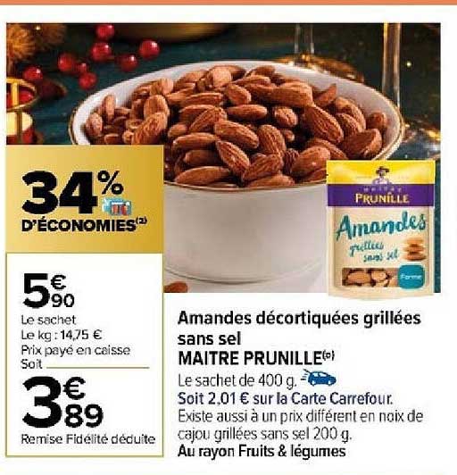 amandes décortiquées grillées sans sel maître prunille