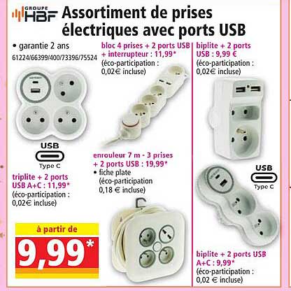 assortiment de prises électriques avec ports usb groupe hbf