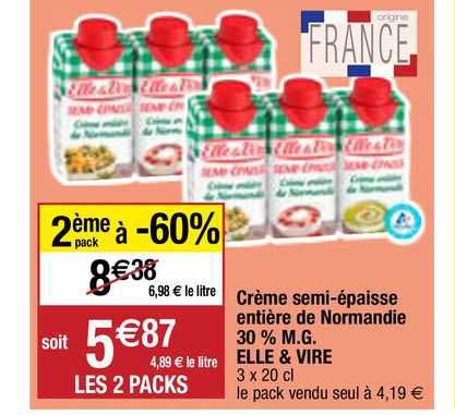 crème semi-épaisse entière de normandie 30% m.g. elle & vire