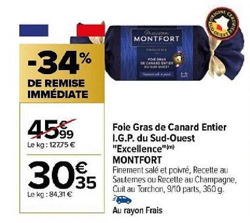 foie gras de canard entier i.g.p. du sud-ouest "excellence" montfort