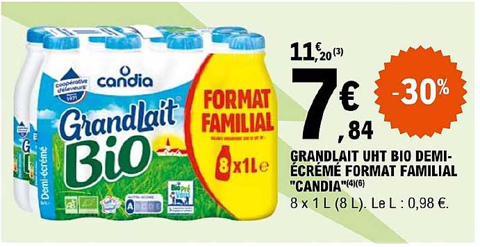 grand lait uht bio demi-écrémé format familial "candia"
