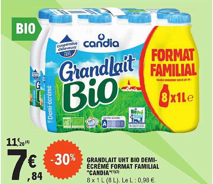 grandlait uht bio demi-écrémé format familial "candia"