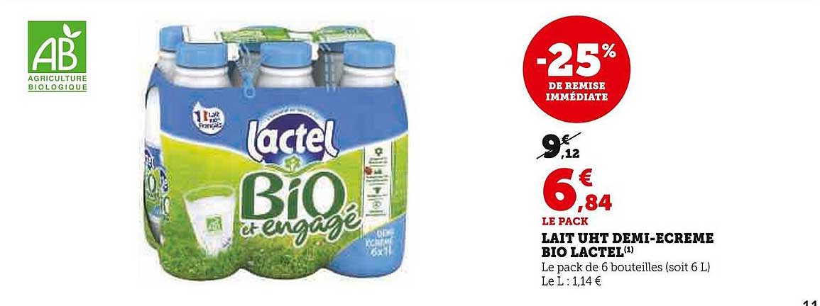 lait uht demi-écrémé bio lactel