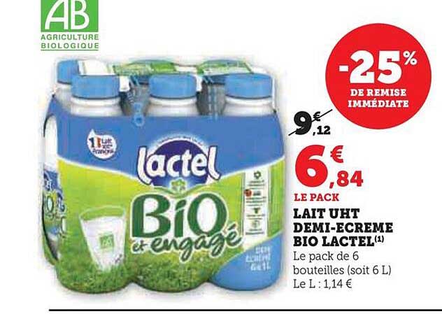 lait uht demi-écrémé bio lactel