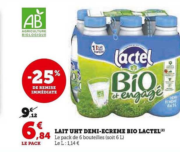lait uht demi-écrémé bio lactel