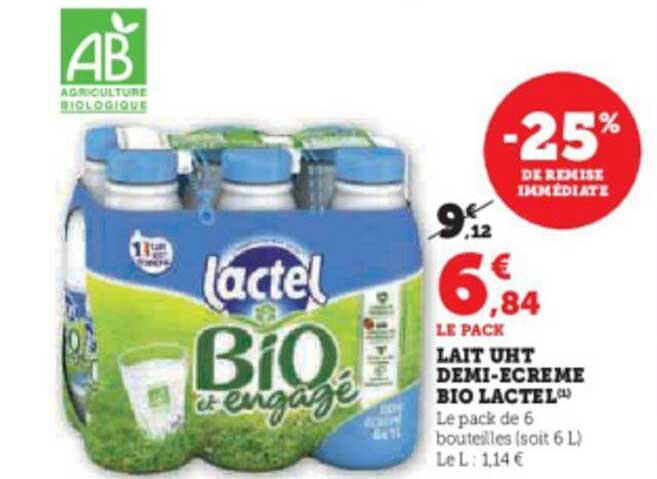lait uht demi-écrémé bio lactel