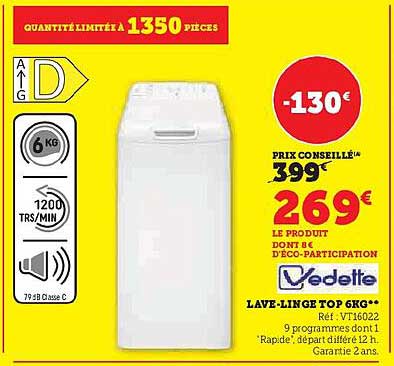 lave-linge top 6kg vedette