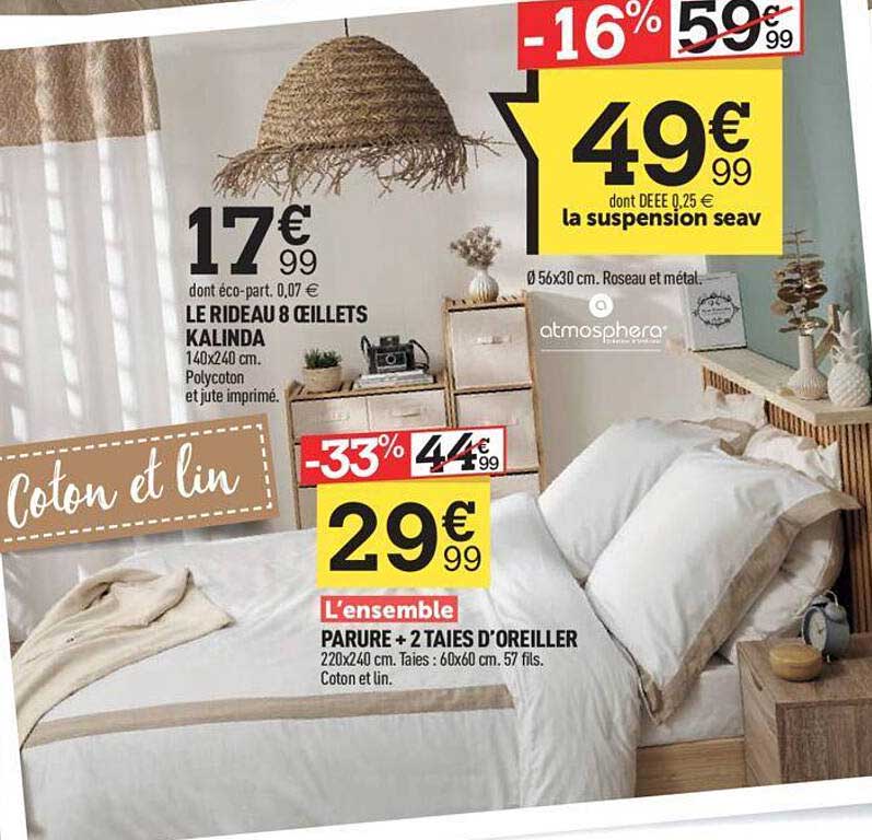 le rideau 8 œillets kalinda, parure + 2 taies d'oreiller, la suspension seav