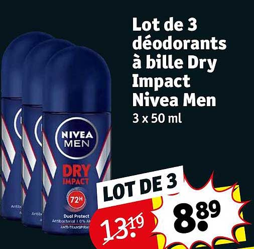 lot de 3 déodorants à bille dry impact nivea men 3 x 50 ml