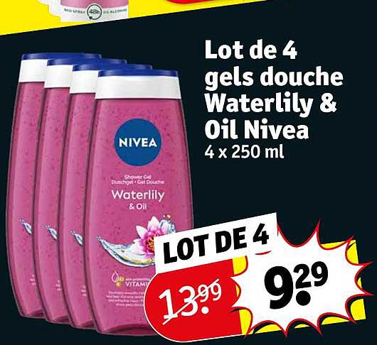 lot de 4 gels douche waterlily & oil nivea 4 x 250 ml