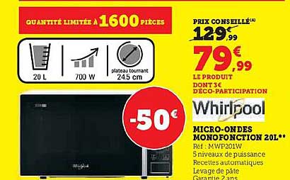 micro-ondes monofonction 20 l whirlpool