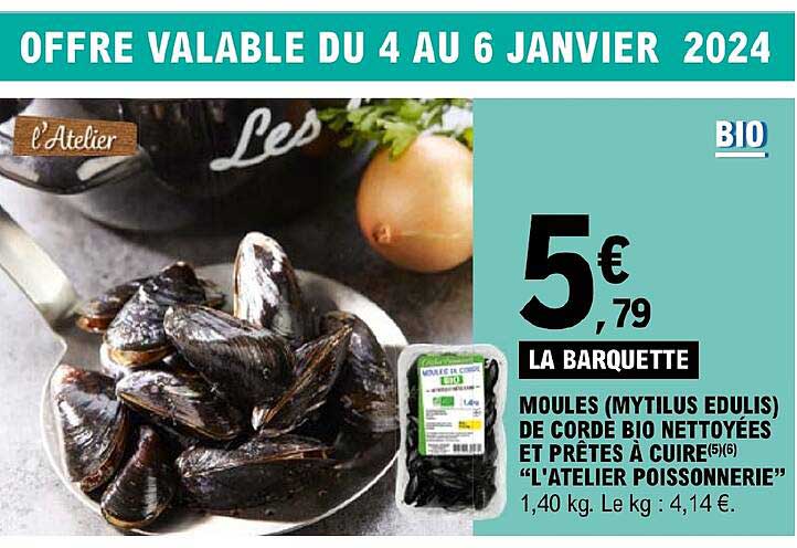 moules (mytilus edulis) de corde bio nettoyées et prêtes à cuire "l'atelier poissonnerie"