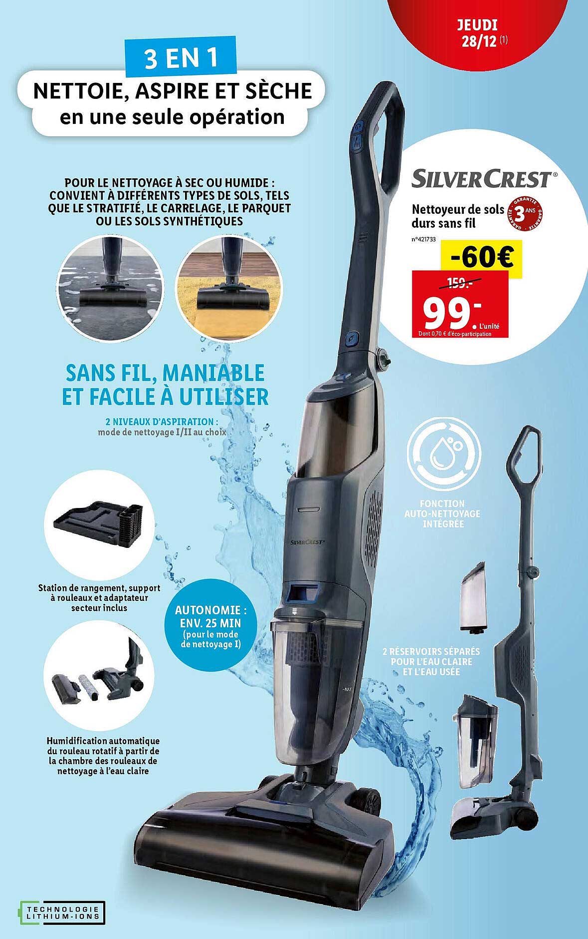 nettoyeur de sols durs sans fil silver crest