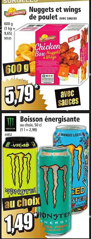 nuggets et wings de poulet avec sauces gut langenhof, boisson énergisante monster