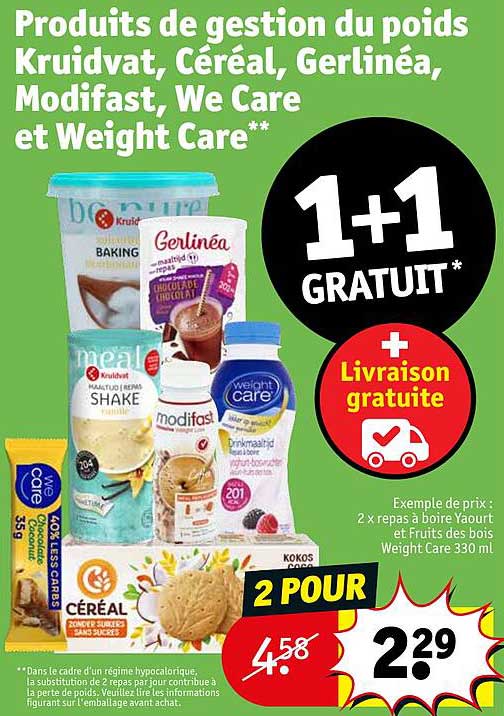 produits de gestion du poids kruidvat, céréal, gerlinéa, modifast, we care et weight care