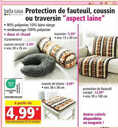 protection de fauteuil, coussin ou traversin "aspect laine" bella casa