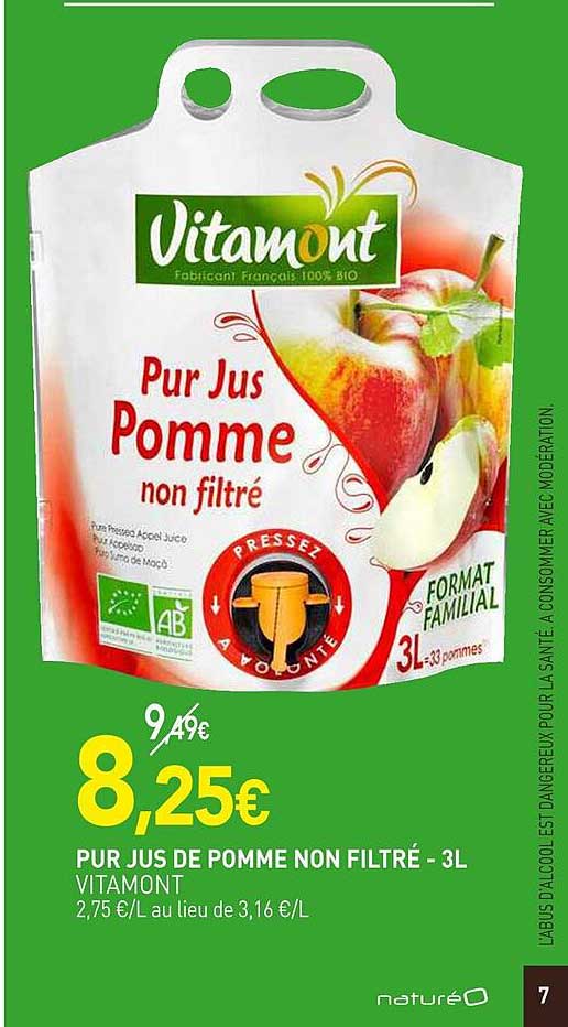 pur jus de pomme non filtré - vitamont - 3 l