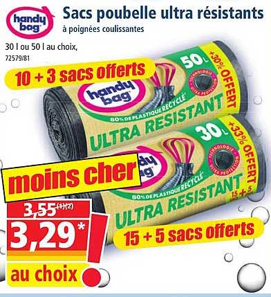 sacs poubelle ultra résistants à poignées coulissantes handy bag