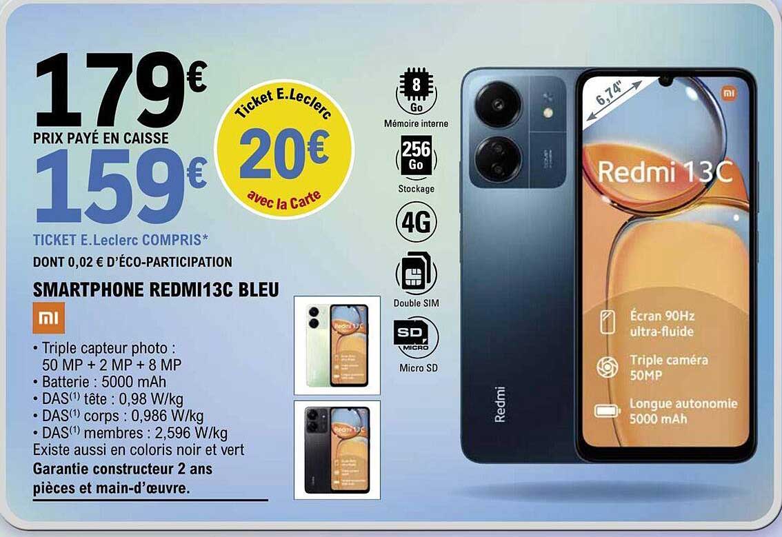 smartphone redmi 13c bleu xiaomi