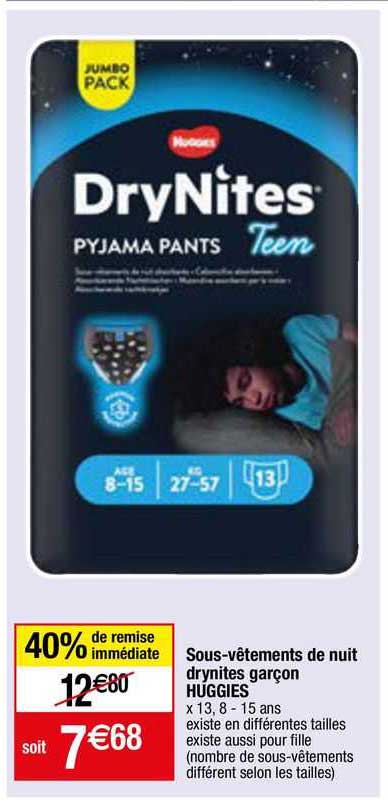 sous-vêtements de nuit drynites garçon huggies