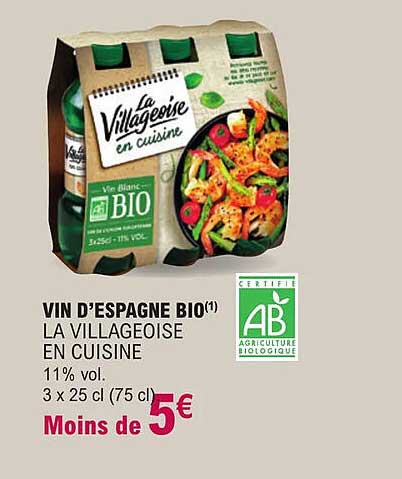 vin d'espagne bio la villageoise en cuisine 11% vol.