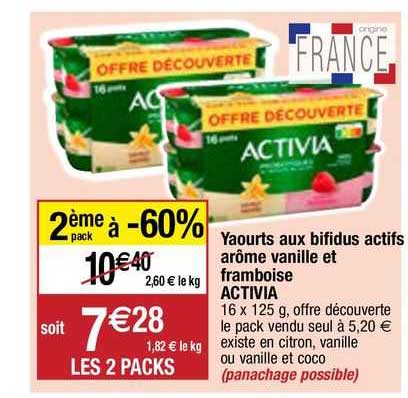 yaourts aux bifidus actifs arôme vanille et framboise activia