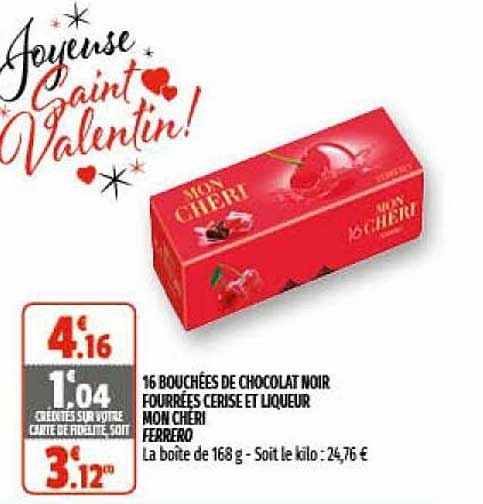 16 bouchées de chocolat noir fourrées cerise et liqueur mon chéri ferrero