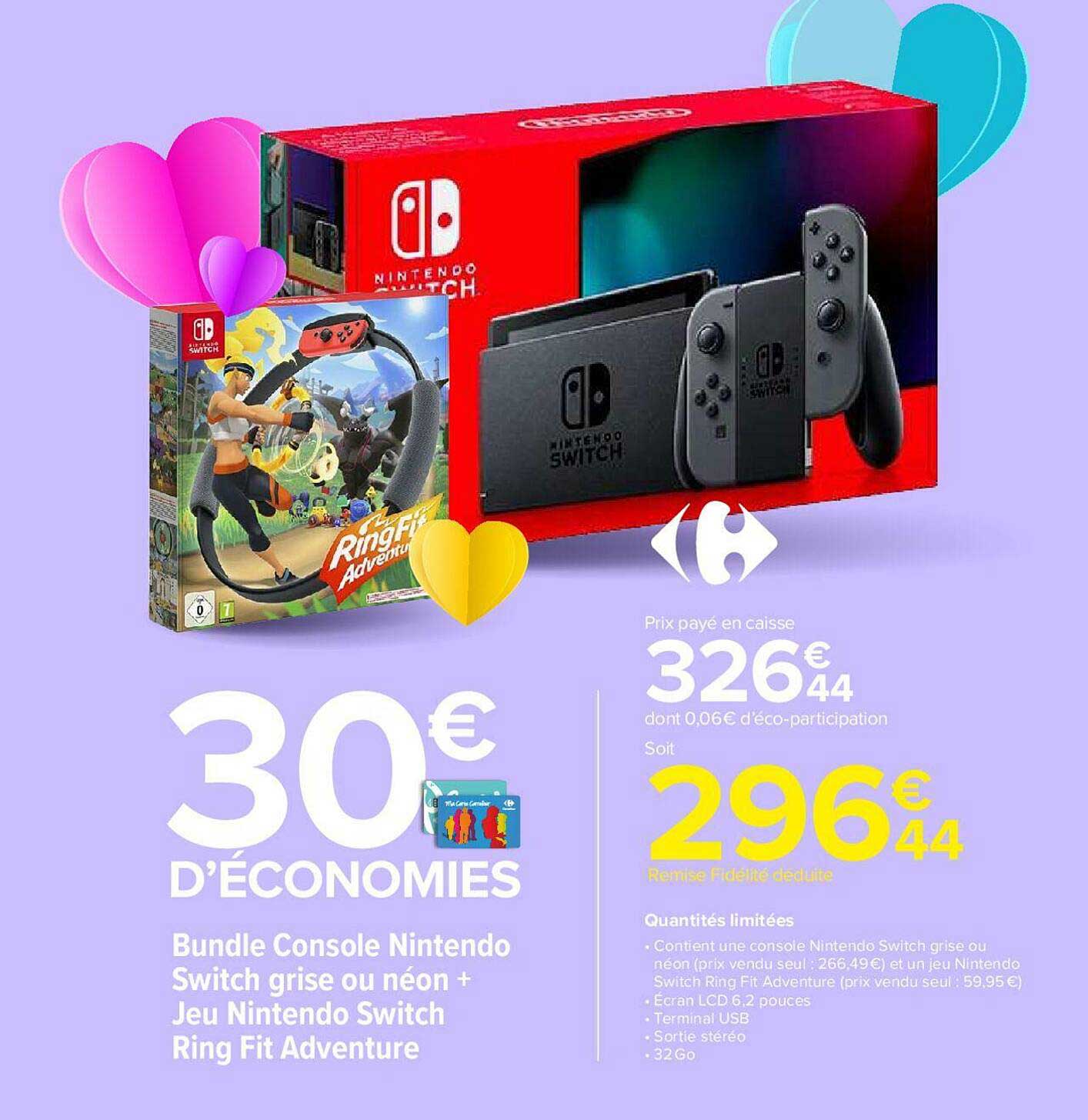 bundle console nintendo switch grise ou néon + jeu nintendo switch ring fit adventure
