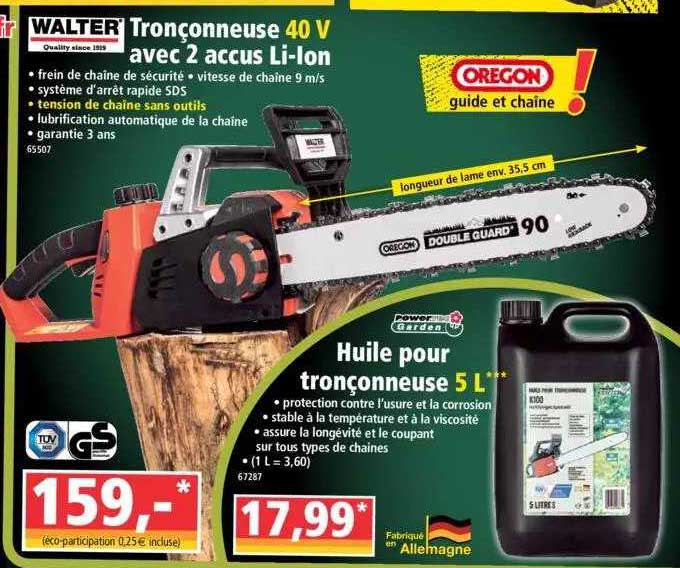 huile pour tronçonneuse 5l powertec garden, tronçonneuse 40v avec 2 accus li-ion walter