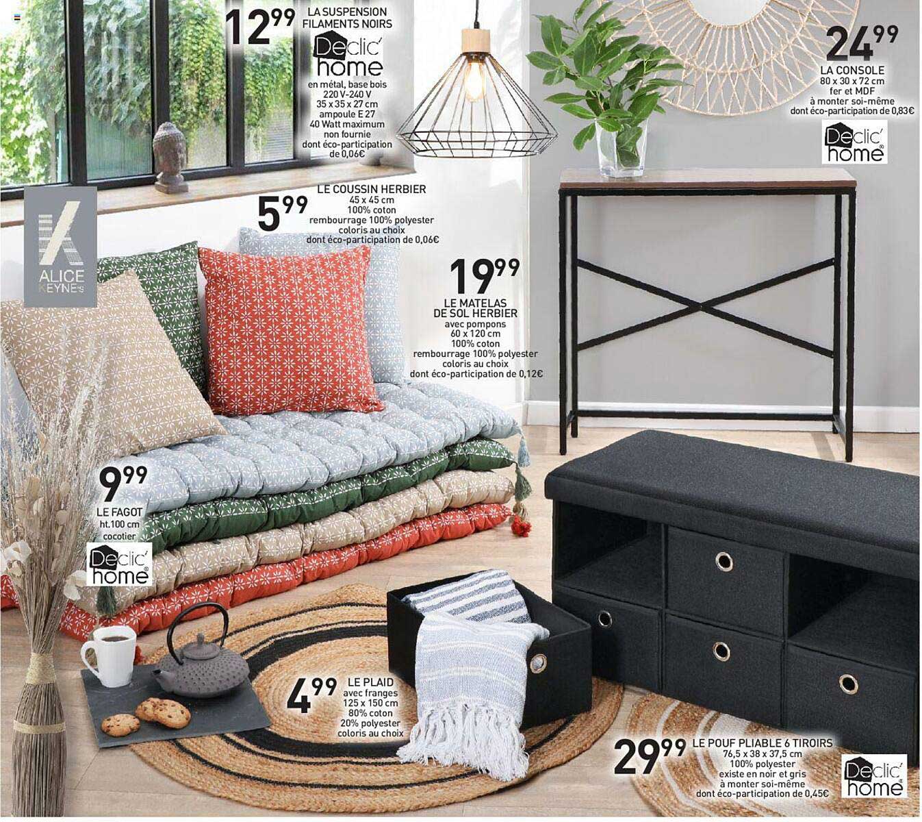 la suspension filaments noirs, le coussin herbier, le matelas de sol herbier, la console, le plaid, le fagot, le pouf pliable + tiroirs