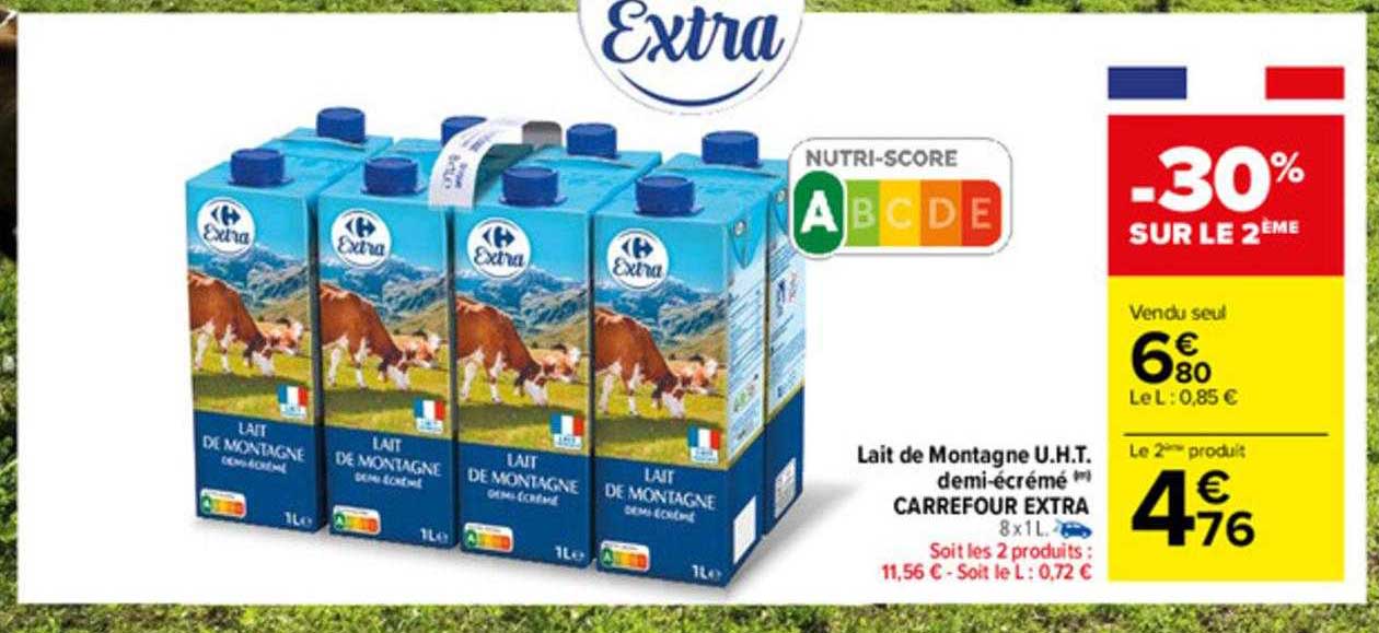 lait de montagne u.h.t. demi-écrémé carrefour extra