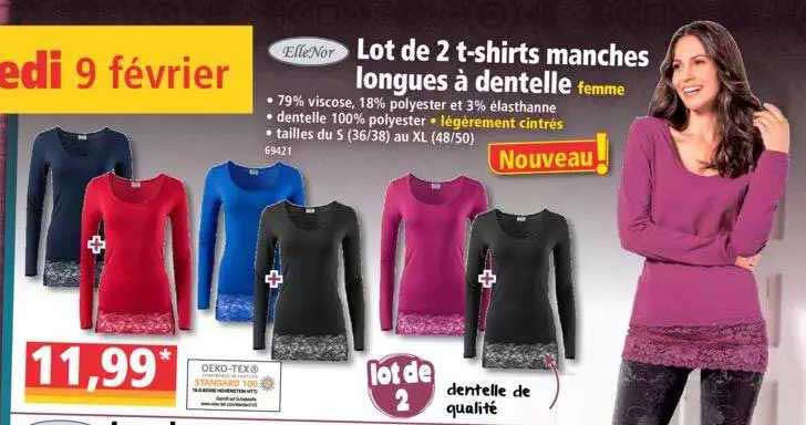 lot de 2 t-shirts manches longues à dentelle femme elleNor femme