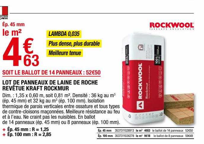 lot de panneaux de laine de roche revêtue kraft rockmur