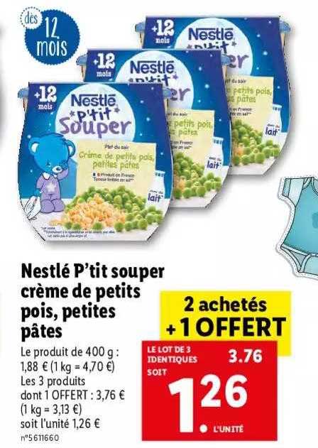 nestlé p'tit souper crème de petits pois, petites pâtes