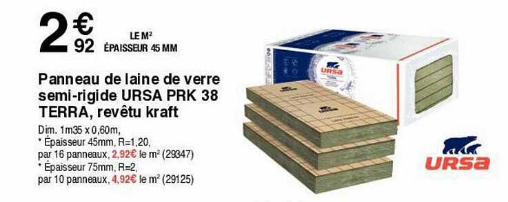 panneau de laine de verre semi-rigide ursa prk 38 terra revêtu kraft