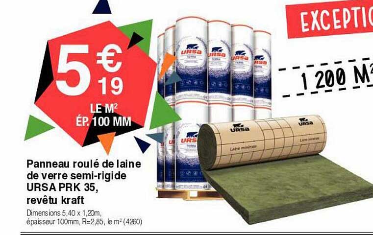 panneau roulé de laine de verre semi-rigide ursa prk 35 revêtu kraft
