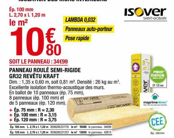 panneau roulé semi-rigide gr32 revêtu kraft isover