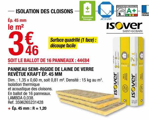 panneau semi-rigide de laine de verre revêtue kraft ép. 45 mm