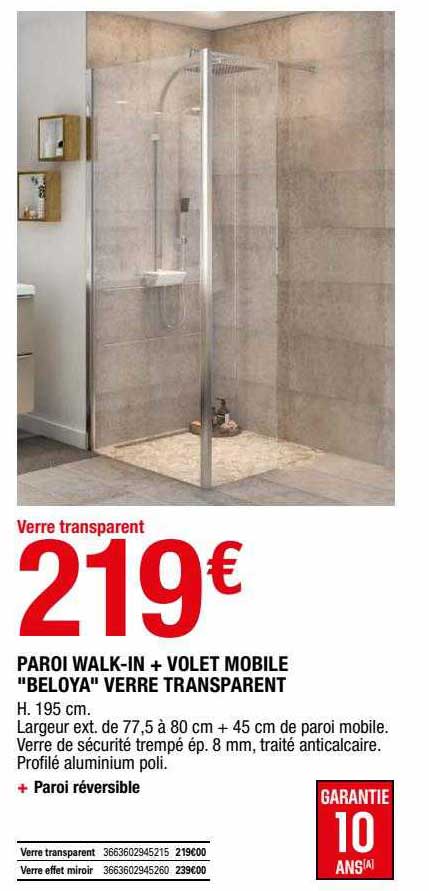 paroi walk-in + volet mobile "beloya" verre transparent