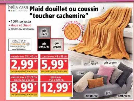plaid douillet ou coussin "toucher cachemire" bella casa