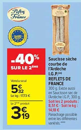 saucisse sèche courbe de l'ardèche i.g.p. reflet de france