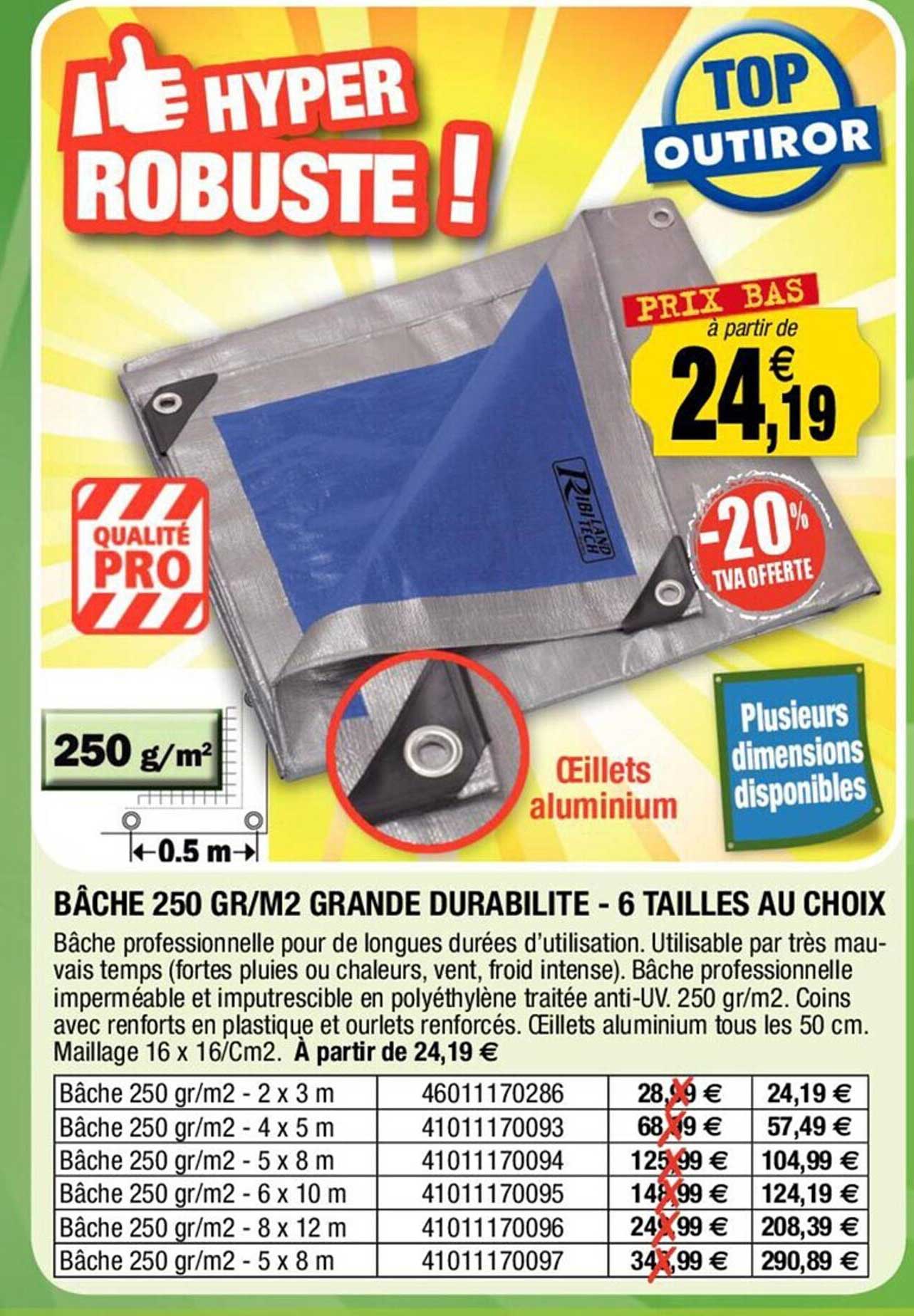 bâche 250 gr-m² grande durabilité - 6 tailles au choix