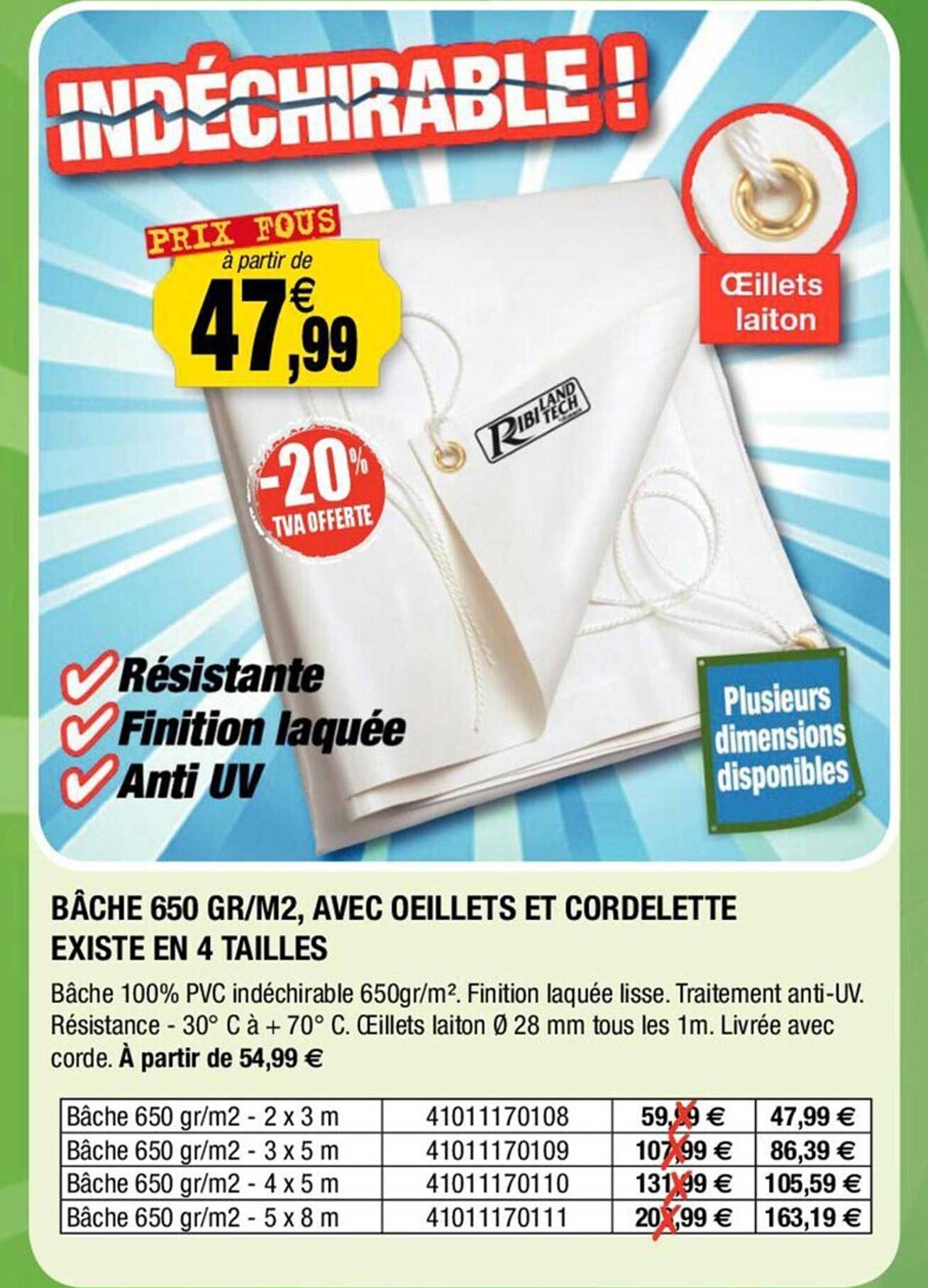 bâche 650 gr-m², avec œillets et cordelette existe en 4 tailles