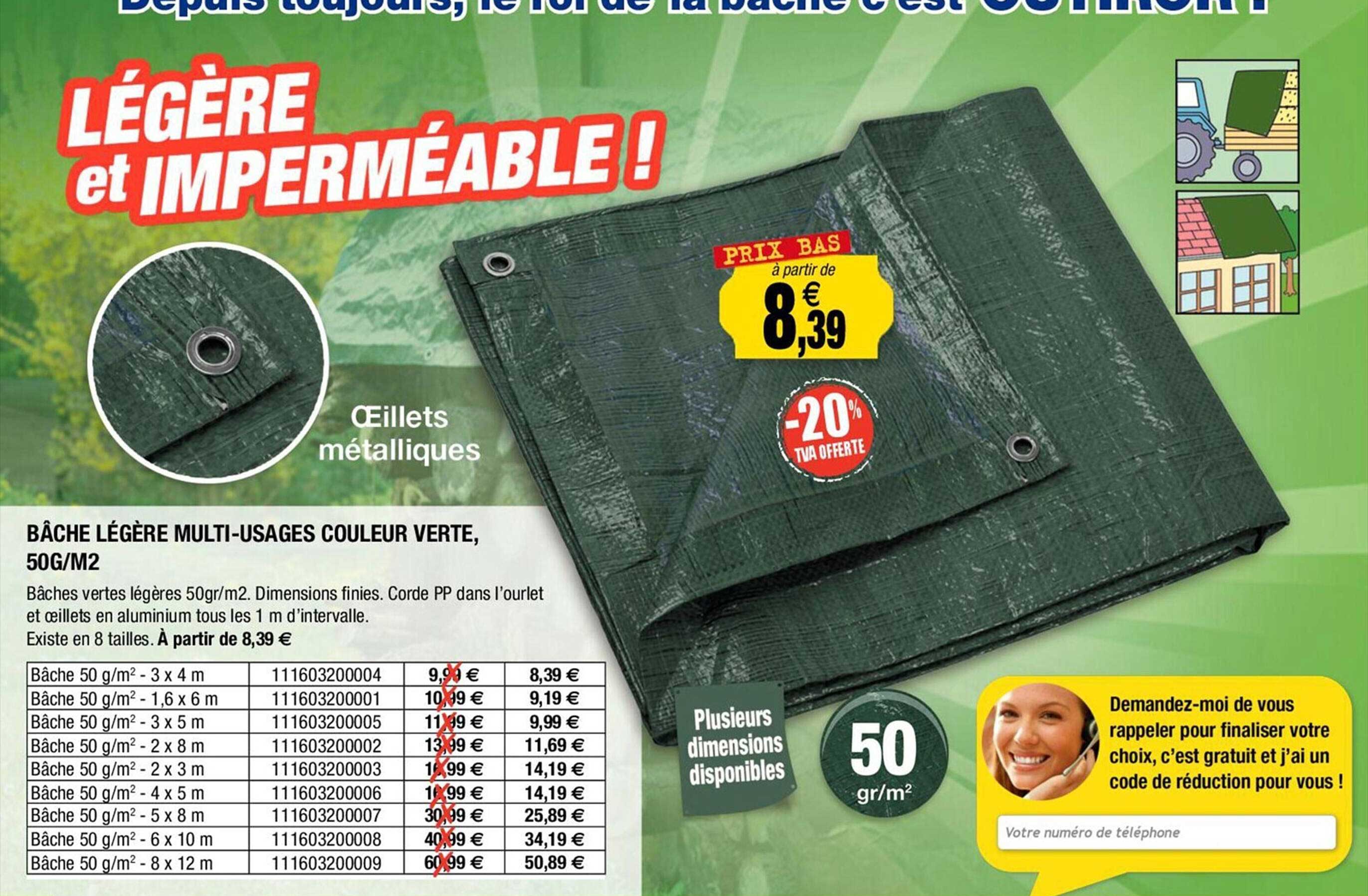 bâche légère multi-usages couleur verte, 50 g-m²