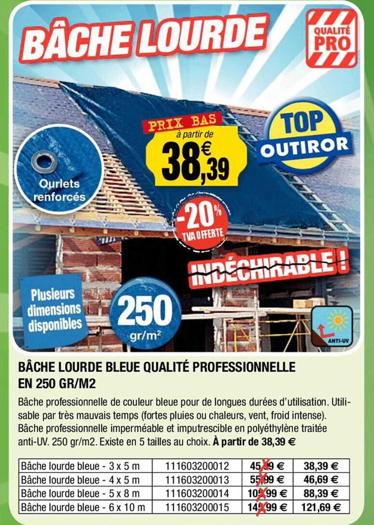 bâche lourde bleue qualité professionnelle en 250 gr-m²