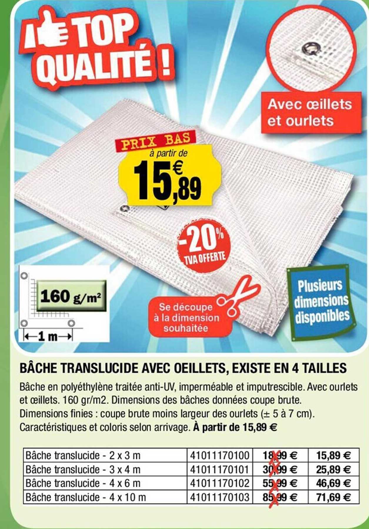 bâche translucide avec œillets, existe en 4 tailles