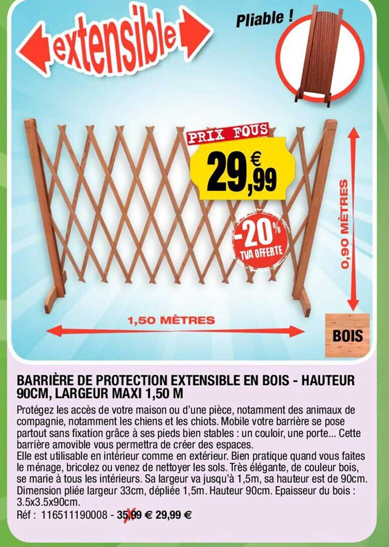 barrière de protection extensible en bois - hauteur 90 cm, largeur maxi 1,50 m